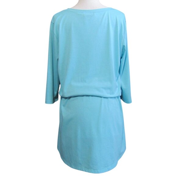 Soft Surroundings Aqua Blue Mini Dress Size L Drawstring Waist 3/4 Sleeve Womens - Picture 6 of 10